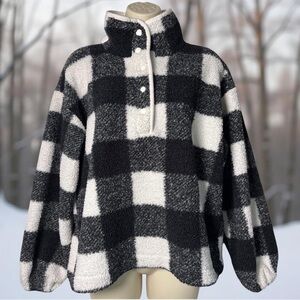 LOFT Buffalo Plaid Sherpa Snap Collar Top Black White Granola Lumberjack SZ S